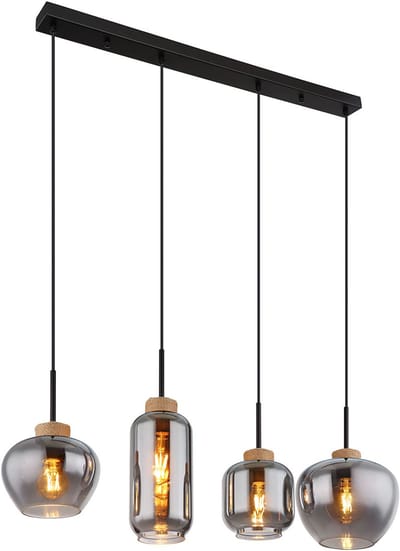 Globo - hanglamp - Matt - zwart - glas smoke glas - grote eettafellamp - E27 - 15549-4H