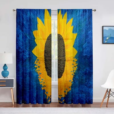 Zonnebloem Transparante Voile Gordijn Olieverf Kunst Thema Bedrukte Chiffon Tule Gordijnen voor Woonkamer Slaapkamer Keuken Decoratie 1 PCS W100XH250cm&Grommet Top