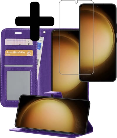 Hoesje - Met Screenprotector - Geschikt voor Samsung Galaxy S23 Plus - Luxe Pasjeshouder - Bookcase Portemonee - Flip Case - Kunstleer Book Case - Flipcase - Book Cover - Walletcase - Portemonneehoes - Telefoonhoesjes - Paars