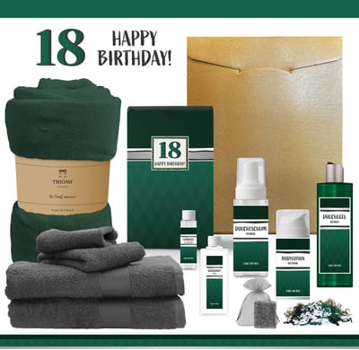 Geschenkset “18 Jaar Happy Birthday!” - 11 Producten - 2000 Gram | Giftset voor hem - Luxe wellness cadeaubox - Cadeau man Verjaardag - Veertig - Gefeliciteerd - Gift eighteen years - Party - Cadeaupakket Deluxe - Vriend - Verjaardagscadeau - Groen