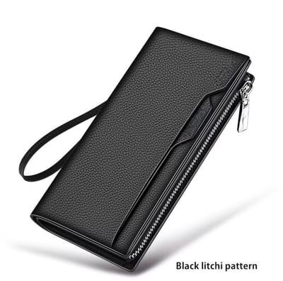 Heren Portemonnee met Rits – Multifunctionele Wallet, Pasjeshouder, Telefoonvak & Geldvak, Compacte Heren Tas, Anti-Diefstal, RFID Bescherming, Zakelijk & Casual, Perfect Cadeau voor Heren-Zwart lychee