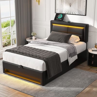 Wishdor Gestoffeerd Bed 90x200 cm – Draadloos & USB Opladen – 12 Kleuren LED – Zwart PU – Compact & High-Tech