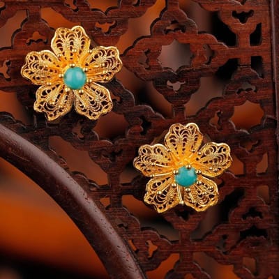 Boucles d'Oreilles Turquoise Filigrane Artisanat de Designer Original Style Chinois Rétro Charme Unique Luxe Bijoux pour Femme brown