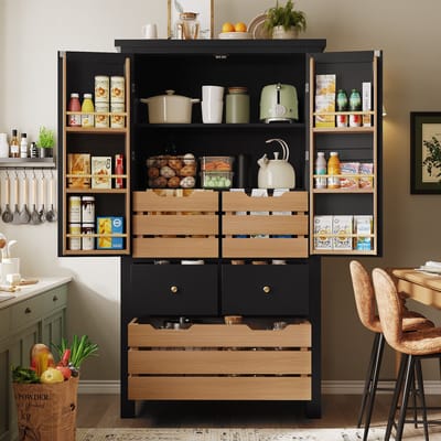 Keukenkast 80x40x140 cm - hoge kast - multifunctionele kast - snackkast - opbergmeubel met twee deuren en vijf laden - zwart