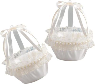 Bloemenmeisje Mandjes - Bruiloft Accessoires - Bruiloft Ceremonie - Handgemaakt Satijn - 17 x 13.5 x 13.5 cm - Beige