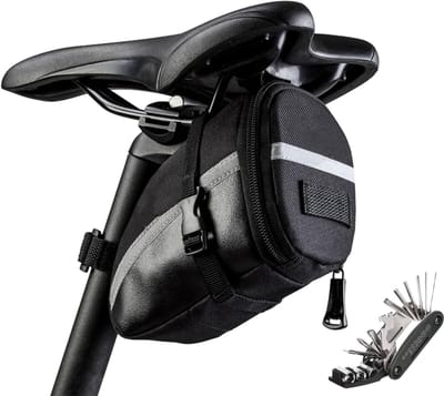Famanu - Zadeltassen voor fiets, fietstas zadel, reflecterende zadeltas racefiets met 16-in-1 multitool fiets voor racefietsen, mountainbikes, stadsfietsen, vouwfietsen (15 x 10,5 x 7,5 cm)