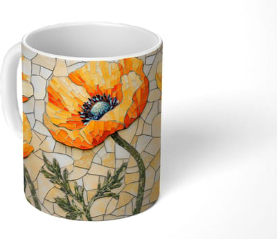 Mok - Koffiemok - Klaprozen - Oranje - Mozaïek - Bladeren - Mokken - 350 ML - Beker - Koffiemokken - Theemok
