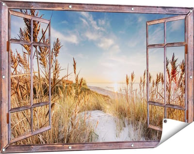 Gards Tuinposter Doorkijk Strand en Zee vanuit Duinen met Zonsondergang - 120x80 cm - Tuindoek - Tuindecoratie - Wanddecoratie buiten - Tuinschilderij