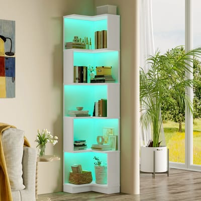 Hoekboekenplank 63,5 x 45 x 175 cm - L-vormige boekenplank - LED-verlichting, afstandsbediening/APP-bediening - vijflaagse opbergruimte - wit