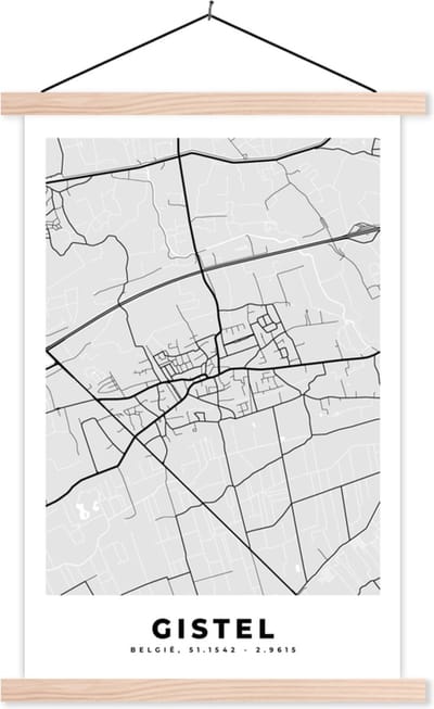 Posterhanger incl. Poster 40x60 cm - Schoolplaat - Stadskaart – Plattegrond – België – Zwart Wit – Gistel – Kaart - Textielposter - Blanke latten - Stadskaart