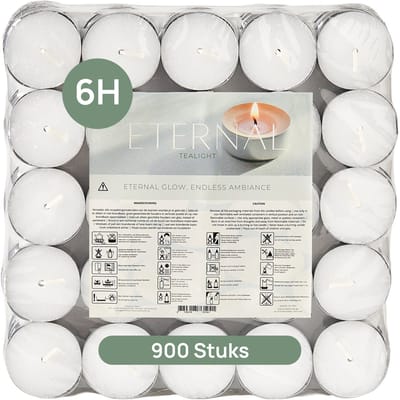 Eternal™ Voordeelverpakking - Theelichtjes - 900 Stuks - Waxinelichtjes - 6 branduren - wit - Duurzamere Theelichten