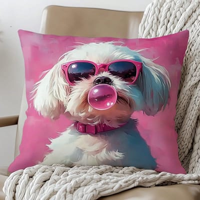Schattige Hond Kussensloop, Grappige Puppy Kauwgom Print, Roze Zonnebril Kussenhoes, Pop Art Stijl Woondecoratie, Moderne Woonkamer 40x40cm pink
