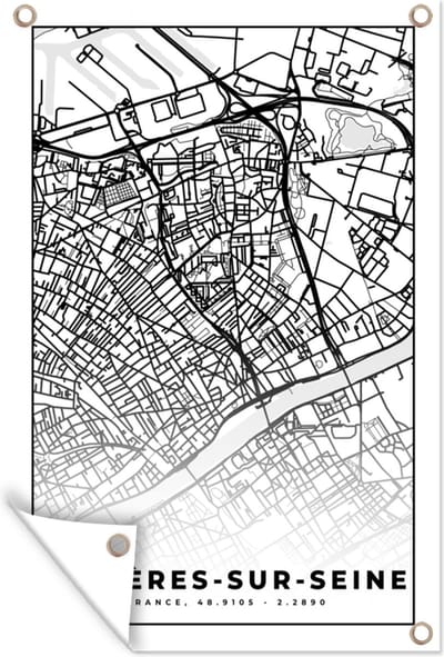 Muurdecoratie Plattegrond - Asnières-sur-Seine - Kaart - Frankrijk - Stadskaart - Zwart wit - 120x180 cm - Tuinposter - Tuindoek