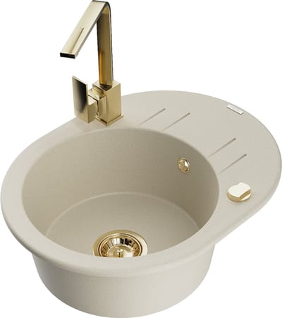 Mexen Kevin granieten spoelbak 1-komerig met druiprek en keukenmengkraan Rita, beige - 6517-69-670300-50