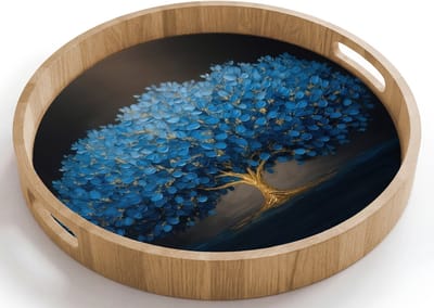 Dienblad rond 40x40 cm - Schootdienblad hout - Boom - Blauw - Bladeren - Penseelstreken - Borrelplank rechthoek - Plateau houten dienbladen