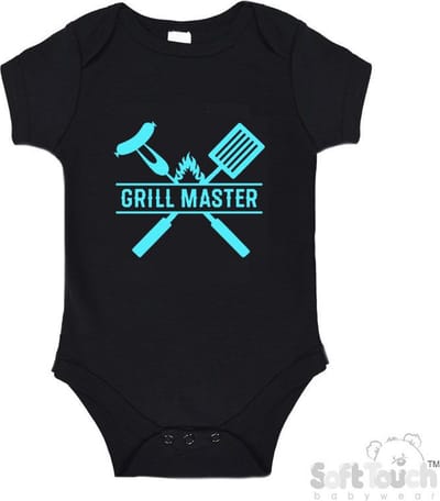 100% Katoenen Romper "Grill Master" Unisex Katoen Zwart/aquablauw Maat 56/62