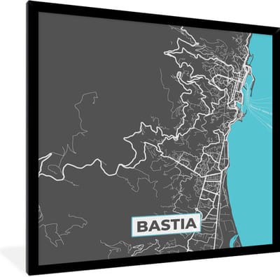Fotolijst incl. Poster - Frankrijk - Bastia - Plattegrond - Kaart - Stadskaart - 40x40 cm - Posterlijst