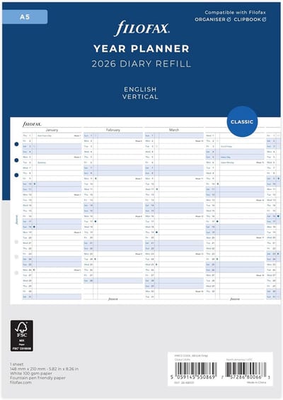 A5 Engelse Verticale Jaarplanner 2026 - Ideaal voor Organisatie