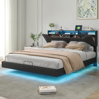 Bed met Opbergruimte - Tweepersoonsbed - Moderne Slaapkamer - Geïntegreerde LED en Oplaadfunctie - 160 x 200 cm - Zwart