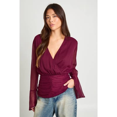 boohoo Dames Chiffon blouse met omslagdetail en fluitmouwen | Wine | Maat: 6