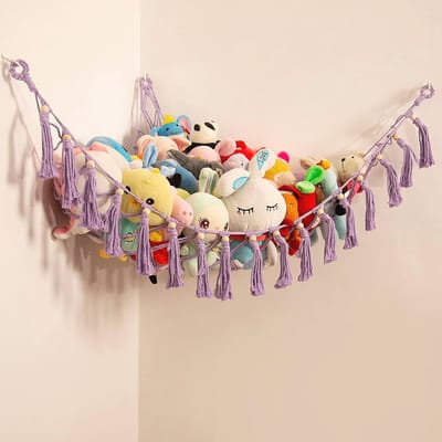 Opbergnet voor knuffels en speelgoed, macramé hangmat voor kinderkamer