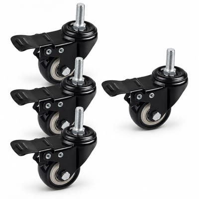 Zwenkwielen Set van 4 met Rem - 40mm Rubberen Loopwiel M8 Schroefdraad - Zware Transportwielen 60KG Draagvermogen - Universele Meubelwielen en Kastwielen voor Werkbank en Meubels - Zilver en Zwart