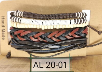 Leren Armband set  met trekkoord /elastiek leer/hout bruin/zwart 4-delig.