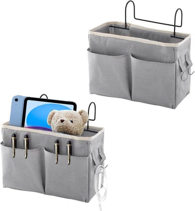 longziming - Set Van 2 - Bed Organizer Hangend - Bedtas Met Draadframe - Bed Hanger - Hangende Opbergtas - Voor Stapelbed - En Bedrand - Opbergzak Voor Tijdschriften, Mobiele Telefoon, Koptelefoon - 29 x 19 x 11 cm - Grijs