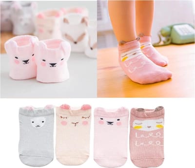 4-Pack Meisjes Baby Sokjes 6-24 Maanden – Roze Enkelsokjes met 3D Diertjes – Schattige Baby Sokken – 100% Katoen