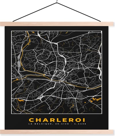 Posterhanger incl. Poster 40x40 cm - Schoolplaat - Charleroi - Stadskaart - Plattegrond - Goud - Kaart - Textielposter - Blanke latten - Stadskaart