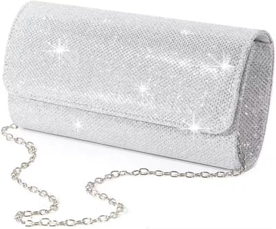 Dames Clutch met Schouderketting – Glitter Avondtas / Feesttas voor Bruiloft, Gala, Cocktail & Uitgaan – Zilverkleurig