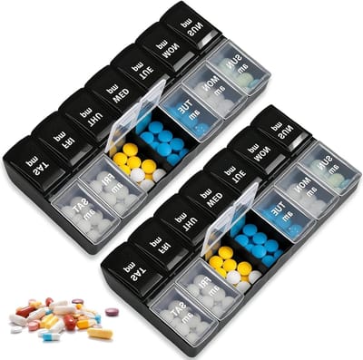 Medicijnbox met 2 grote vakken, pillendoos voor 7 dagen, tablettenbox met onafhankelijke vakken, zwart en transparant - geschikt voor tabletten, visolie, vitamines