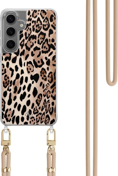 Casimoda® hoesje met koord - Geschikt voor Samsung S24 - Luipaard print bruin - Afneembaar koord - TPU/polycarbonaat - Bruin/beige