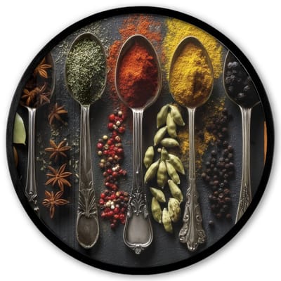 Poster in lijst Rond - Fotolijst 40x40 cm - Posters - Lepels - Specerijen - Kaneel - Chili - Ronde posterlijst zwart - Decoratie - Wanddecoratie woonkamer - Muurdecoratie slaapkamer