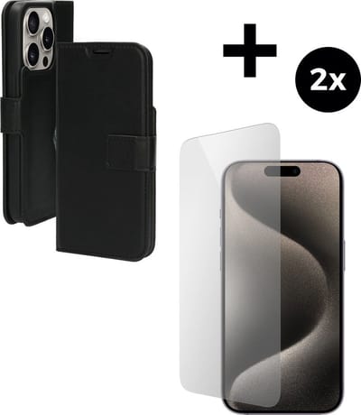 Mobiparts Classic Wallet hoesje geschikt voor Apple iPhone 15 Pro met 2 Screenprotectors van Gehard Glas - Zwart