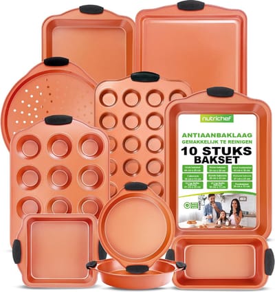 NutriChef Bakvormen Set - 10-delige Antiaanbak Bakvormen van Koolstofstaal - Inclusief Bakplaten, Muffin/Taartvormen, Pizzapan, Braadpannen - Siliconen Handgrepen - Koper