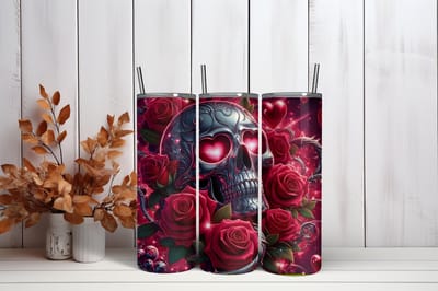 Thermosbeker Schedel rode rozen - 600 ml RVS Tumbler met Rietje - Cadeau - Schoolbeker - Antilek dop - Vaatwasserbestendig - Werkbeker - To go beker - Zomaar