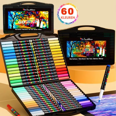 Luxe Acrylstiften Set - 60 Kleuren - Direct Gebruiksklaar Zonder Schudden - Professionele Verfstiften voor Happy Stones & DIY - Watervast - Cadeau Kinderen & Volwassenen