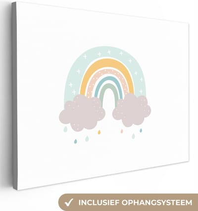 Canvas schilderij kinderen - Kinderkamer decoratie - Regenboog - Pastel - Kinderen - Wolken - Slaapkamer decoratie - Canvas doek kids - 40x30 cm