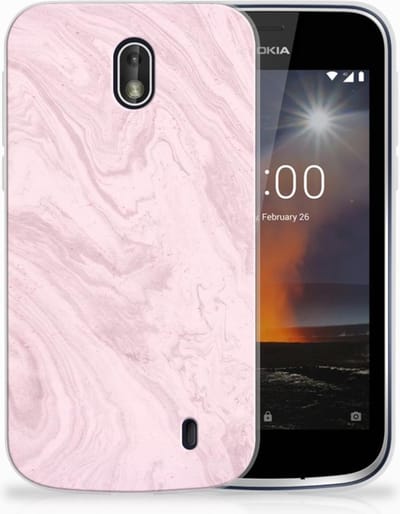 Nokia 1 TPU Siliconen Hoesje Marble Pink - Origineel Cadeau Vriendin