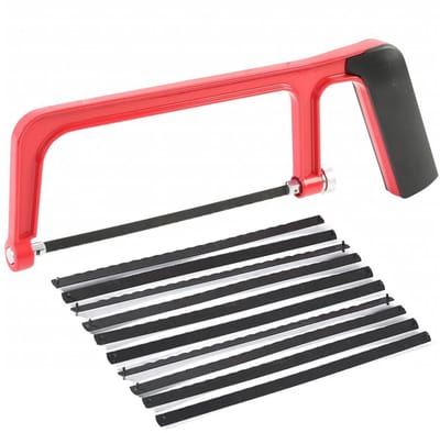 Allecto - Mini-handzaag - Beugelzaagset - Handig voor doe-het-zelvers - Rood - Verwisselbare messen - Perfect voor hout en kunststof - Inclusief 10...