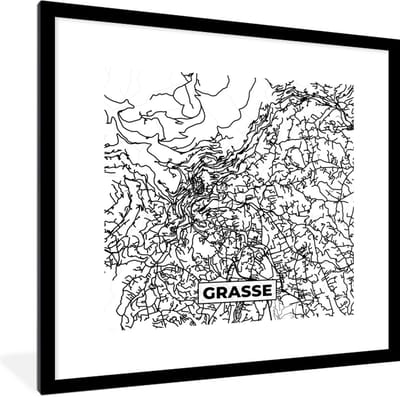 Fotolijst incl. Poster Zwart Wit- Grasse - Plattegrond - Kaart - Frankrijk - Stadskaart - Zwart wit - 40x40 cm - Posterlijst