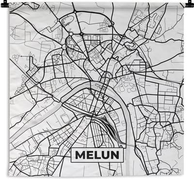 Wandkleed - Wanddoek - Kaart – Melun - Stadskaart – Frankrijk – Plattegrond - Zwart wit - 180x180 cm - Wandtapijt