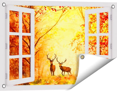 Gards Tuinposter Doorkijk Getekende Herten in het Bos - Herfst - 60x40 cm - Tuindoek - Tuindecoratie - Wanddecoratie buiten - Tuinschilderij