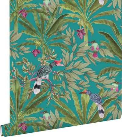 ESTAhome behang tropische jungle bladeren en paradijsvogels petrolblauw en jungle groen - 53 cm x 10.05 m - 139233