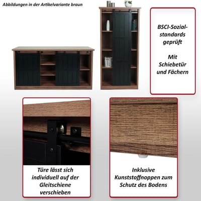 Industriële Loft Wandkast & Dressoir Set met Verschuifbaar Schuifdeursysteem - Natuurlijke Houtlook & Zwart Metaal - 150x40x163 cm