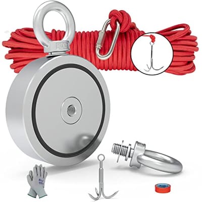 Dubbelzijdige Magneet Visserij Kit met Grijphaken en Handschoenen - 1500 lbs Sterke Neodymium Magneten en 65FT Touw voor Schatzoeken en Redding