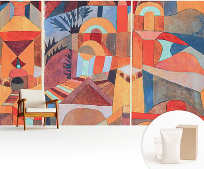 Wallfluent Behang - Kleurrijk mozaïek Vliesbehang - 416x254 cm - Oranje Behang - Voor liefhebbers van berglandschappen en kunst - Behang Voor de woonkamer, slaapkamer en kantoor - Wanddecoratie Abstractie