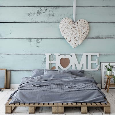 Fotobehang - Vlies Behang - Home en Hart op Blauwe Houten Planken - 416 x 290 cm