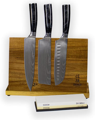 Shinrai Knives - 3-delige Messenset met Blok en Slijpsteen - Premium Messenset voor de Professionele en Thuischef - Japans Design - Epoxy Onyx Damascus Print - Messenhouder - Keukenmes - Koksmes